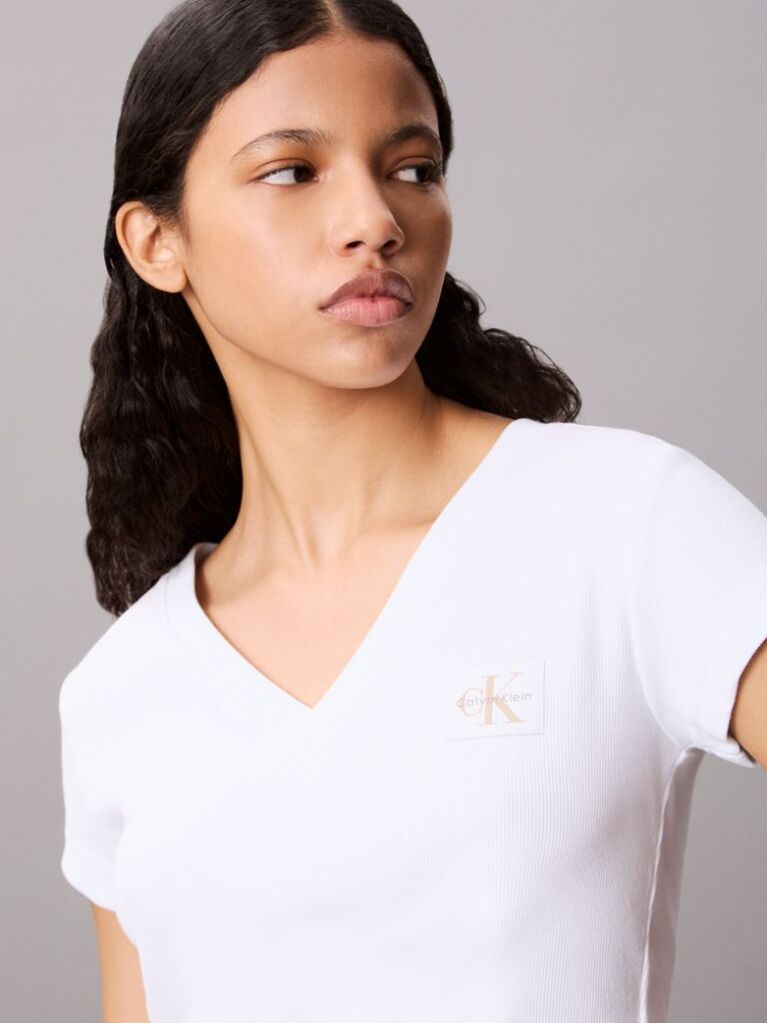 Λευκό Ριμπ Βαμβακερό T-shirt Με V Λαιμόκοψη  Γυναίκα