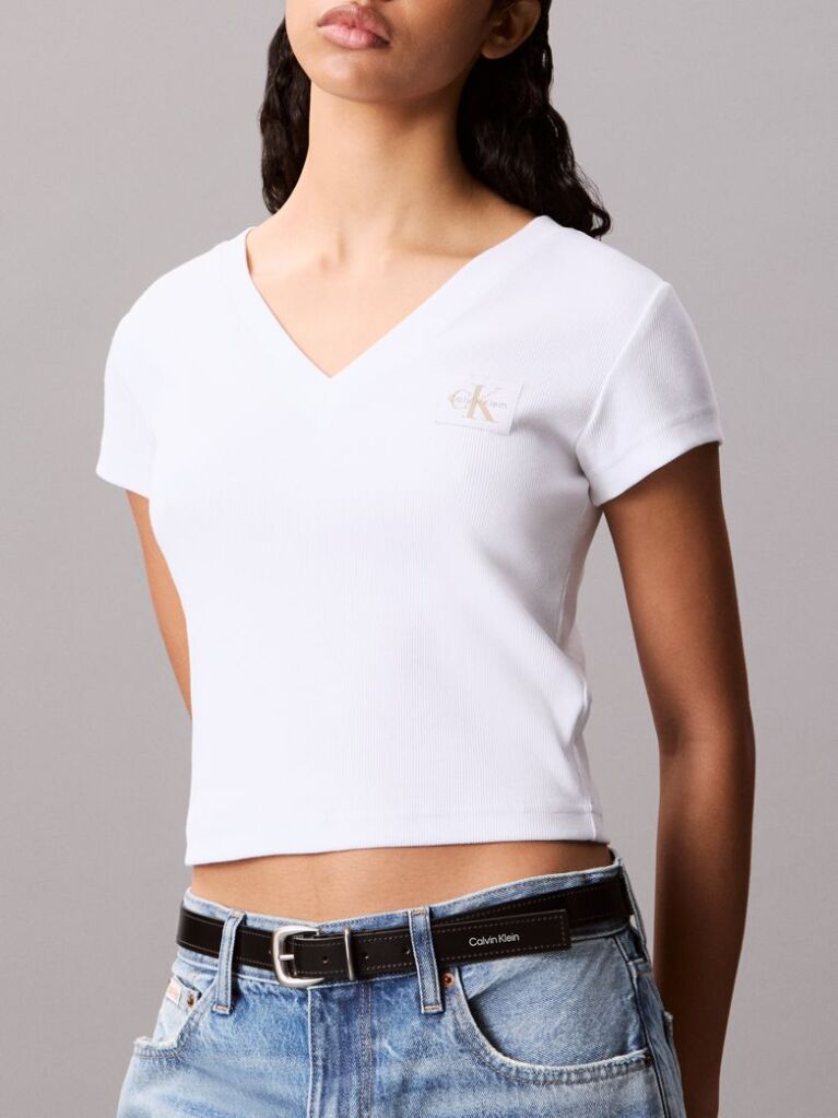 Λευκό Ριμπ Βαμβακερό T-shirt Με V Λαιμόκοψη  Γυναίκα