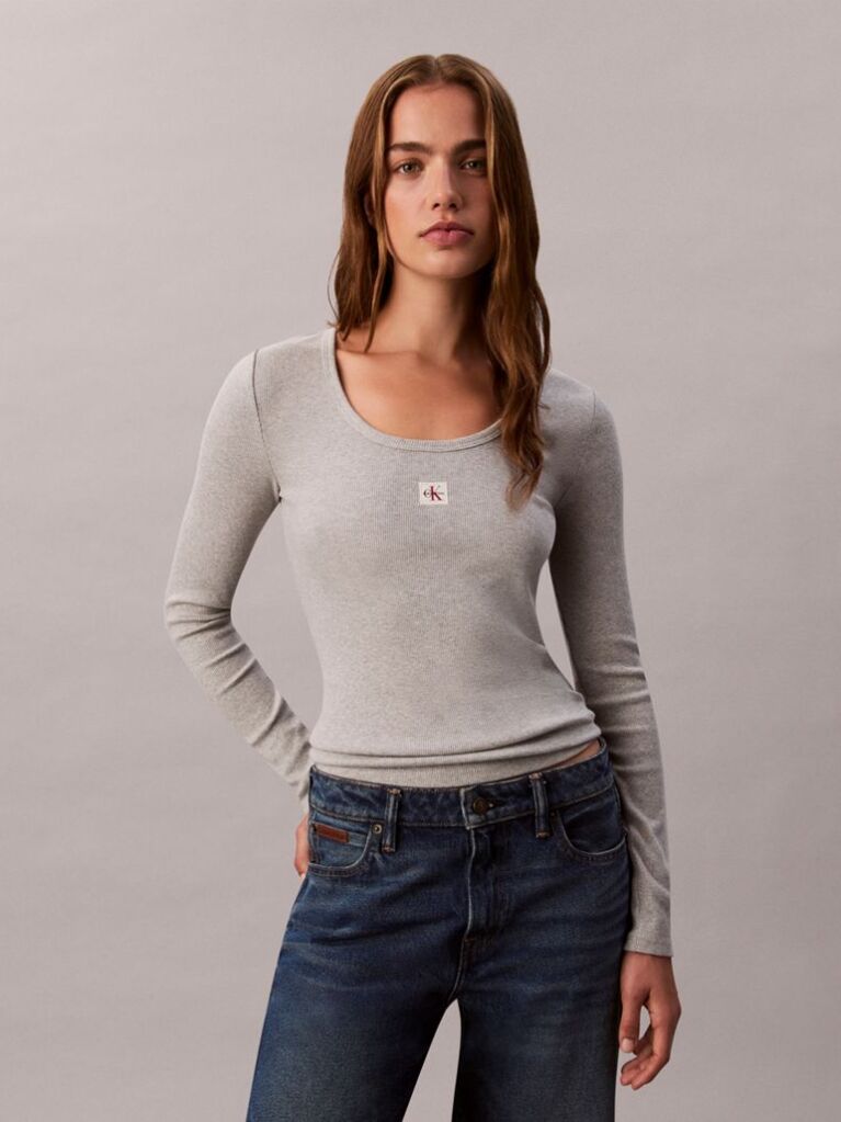 Grey Ribbed Cotton Long Sleeve Top  Women