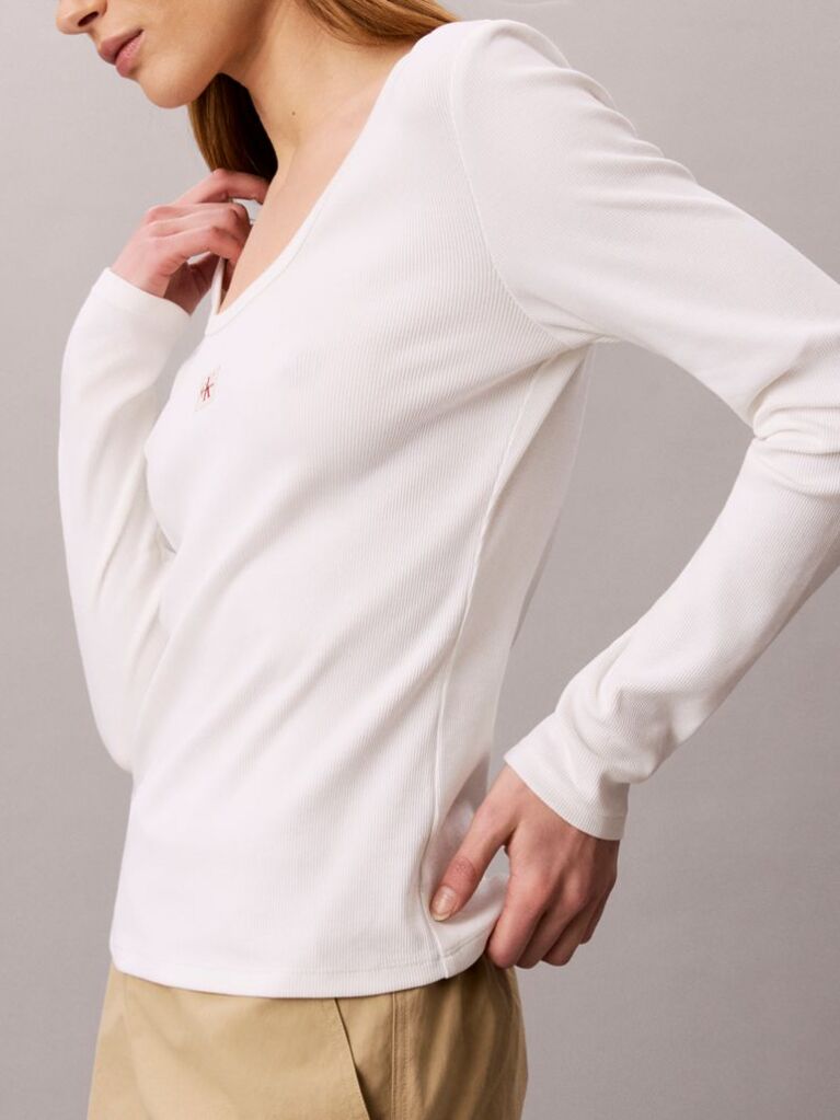 White Ribbed Cotton Long Sleeve Top  Women