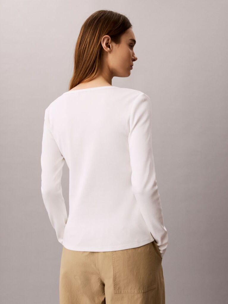 White Ribbed Cotton Long Sleeve Top  Women