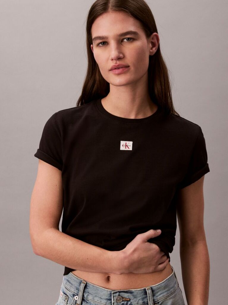 Μαύρο T-shirt Από Μαλακό Βαμβάκι Με Badge Λογότυπο  Γυναίκα