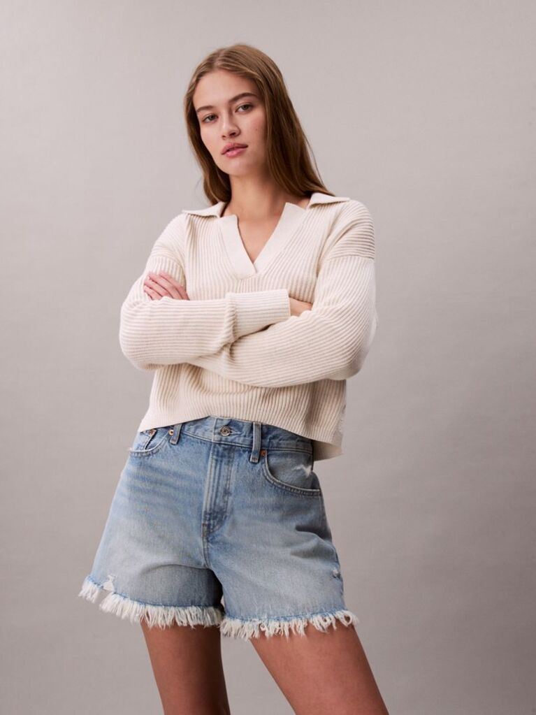 Denim 90s Relaxed Frayed Denim Shorts  Women