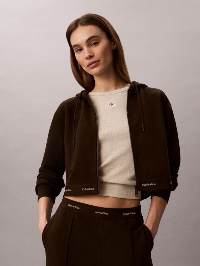 Καφέ Κοντό Hoodie Με Φερμουάρ Και Ελαστική Ζώνη Με Λογότυπο  Γυναίκα
