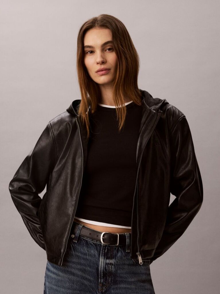 Black Faux Leather Hooded Jacket  Women