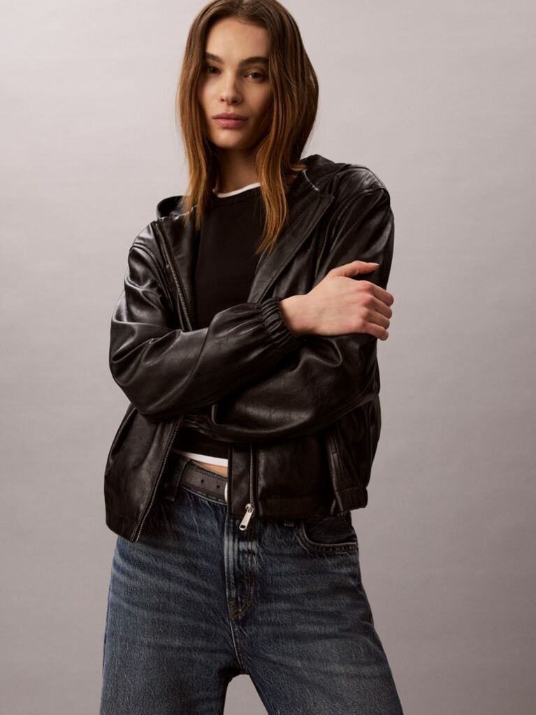 Black Faux Leather Hooded Jacket  Women