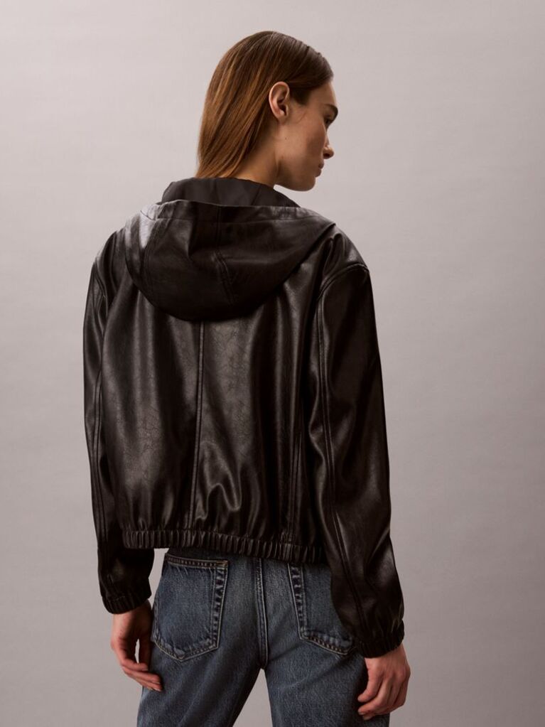 Black Faux Leather Hooded Jacket  Women