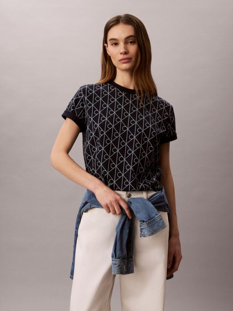 Blue Emblem Print Crew Neck T-Shirt  Women