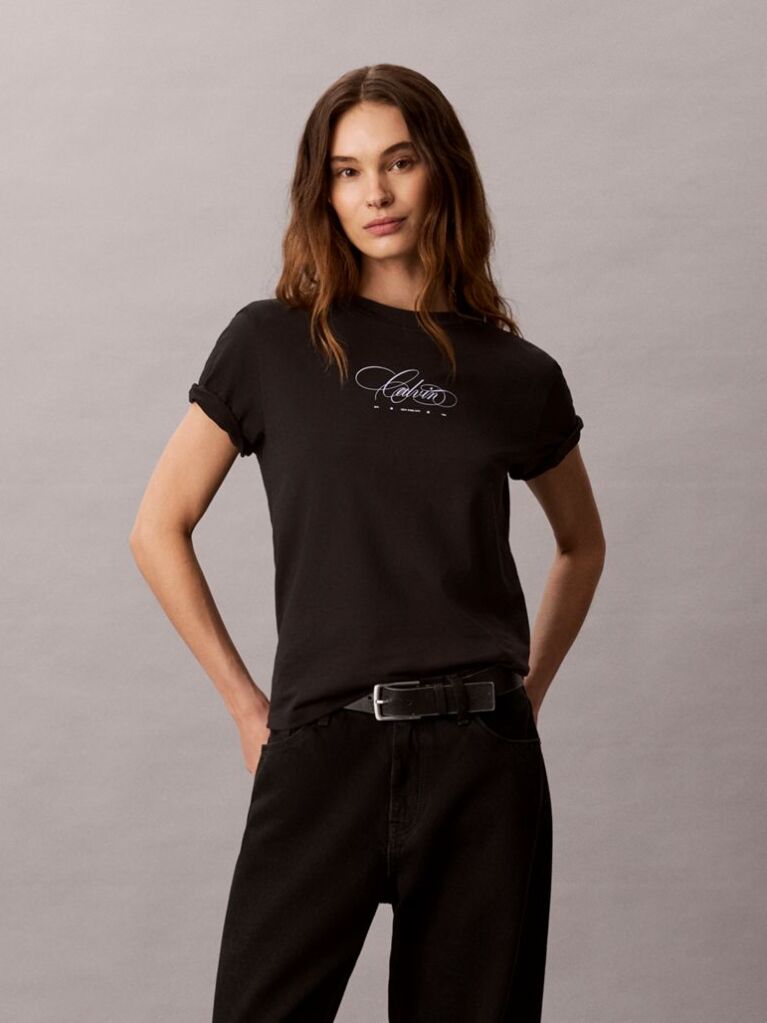 Μαύρο Κλασικό T-Shirt Με Script Λογότυπο  Γυναίκα