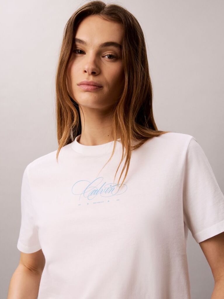 Λευκό Κλασικό T-Shirt Με Script Λογότυπο  Γυναίκα