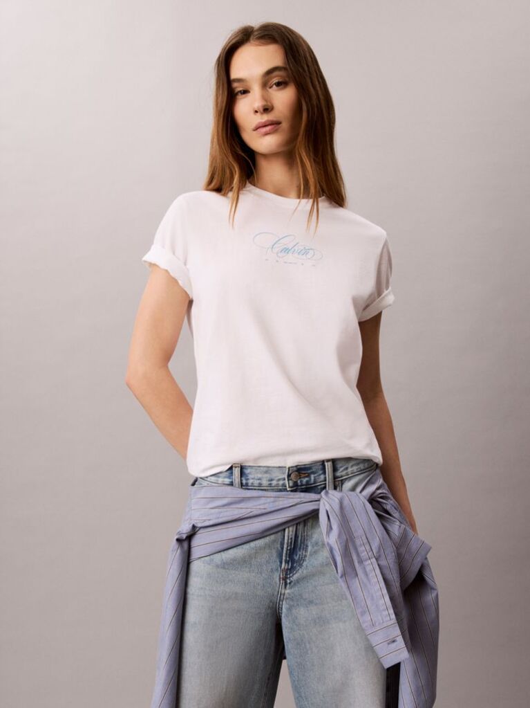 Λευκό Κλασικό T-Shirt Με Script Λογότυπο  Γυναίκα
