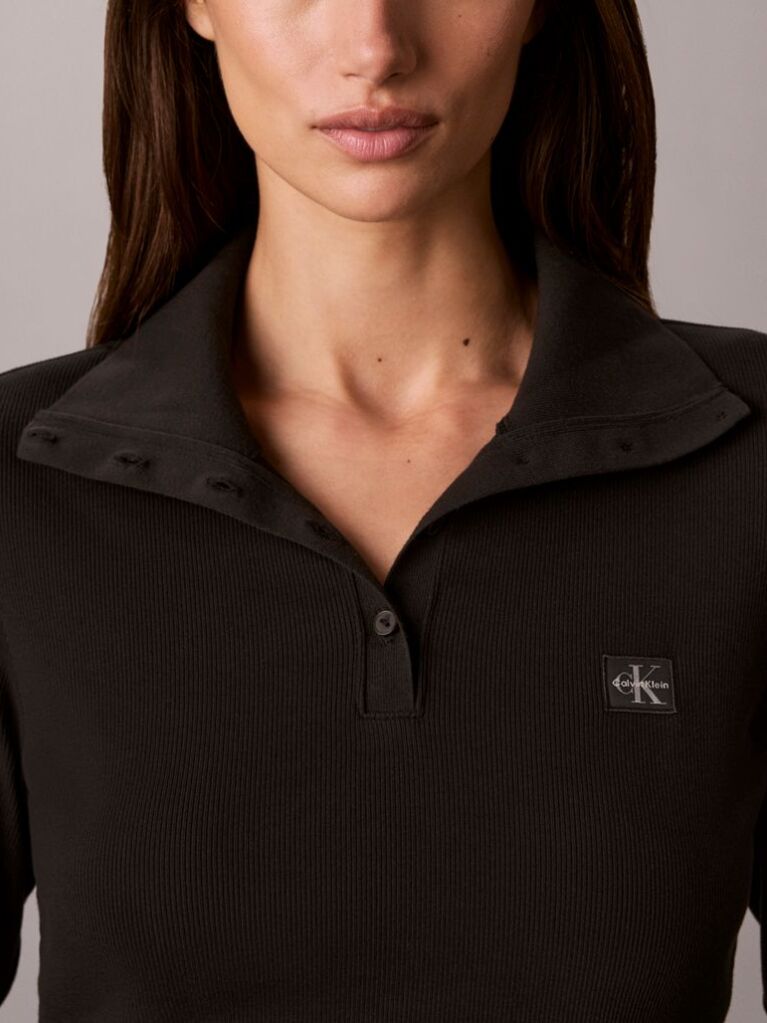 Black Woven Monologo Henley Turtleneck Sweatshirt  Women