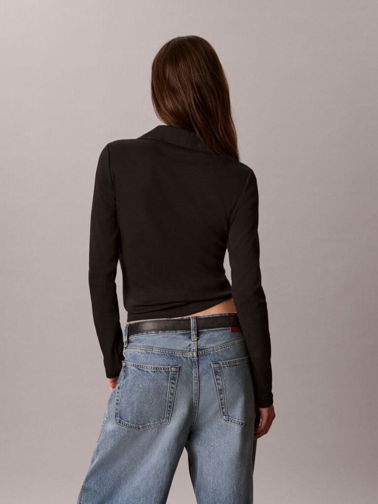 Black Woven Monologo Henley Turtleneck Sweatshirt  Women