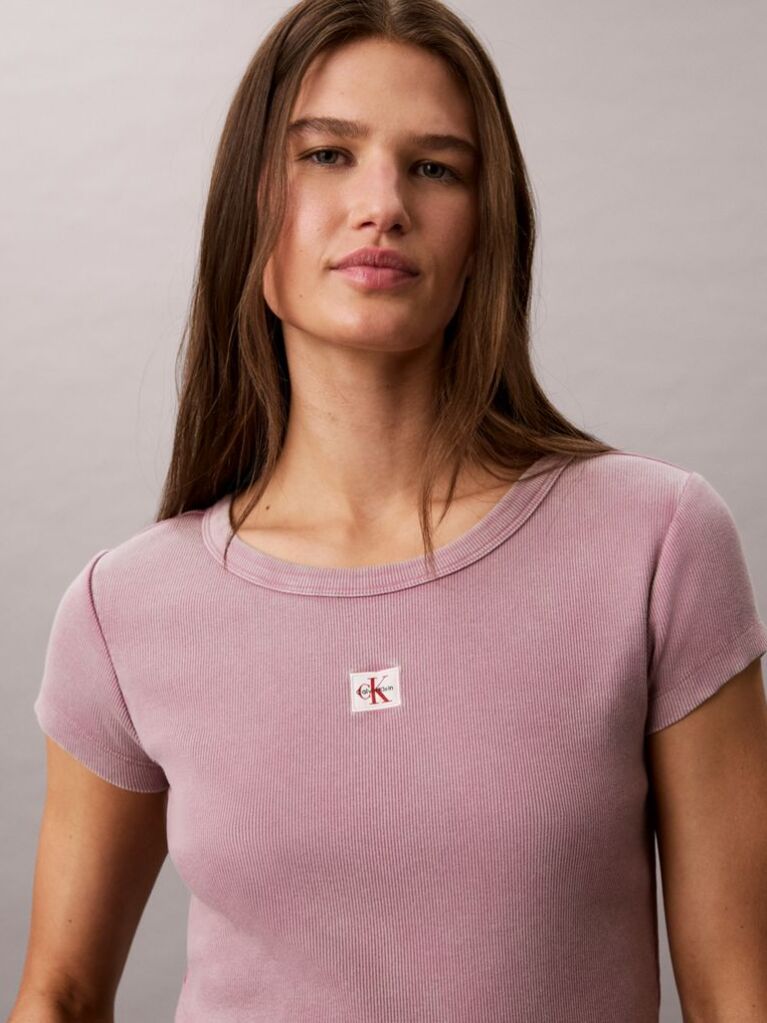 Pink Slim Ribbed Washed Cotton T-shirt  Women