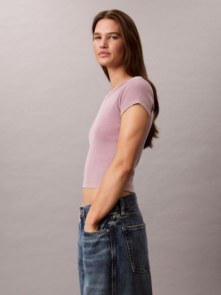 Pink Slim Ribbed Washed Cotton T-shirt  Women