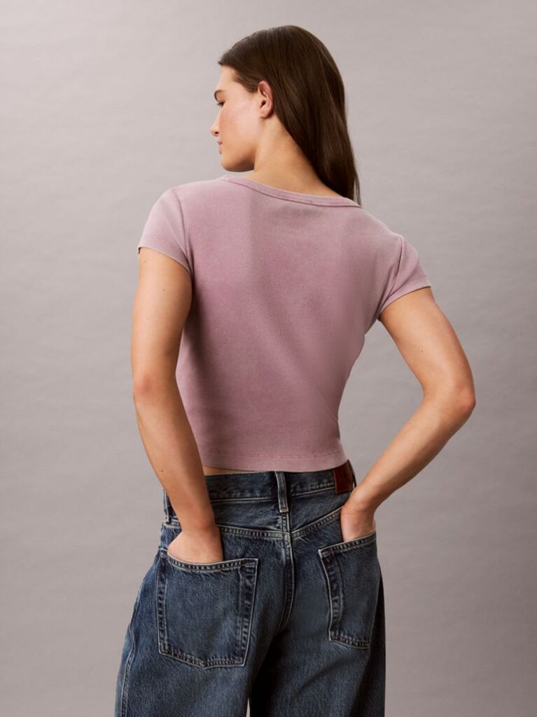 Pink Slim Ribbed Washed Cotton T-shirt  Women