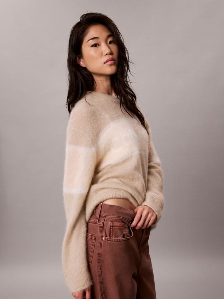 White Alpaca Wool Blend Stripe Logo Jumper  Women