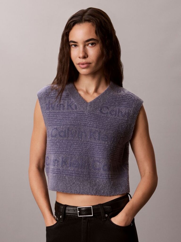 Blue Wool Blend Textured Logo Sweater Vest  Women
