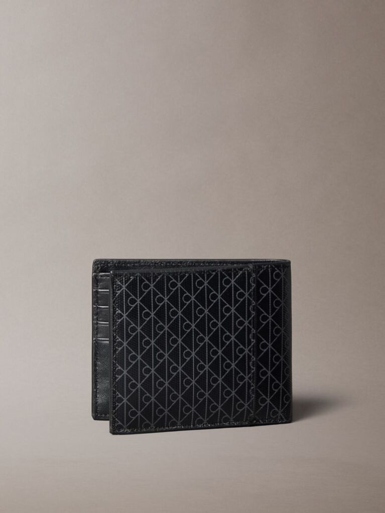 Black Allover Emblem Logo Bifold Wallet with Coin Pouch  Men