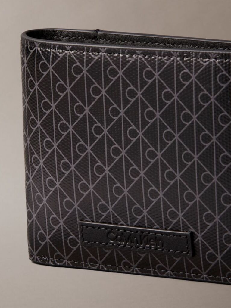 Black Allover Emblem Logo Bifold Wallet with Coin Pouch  Men