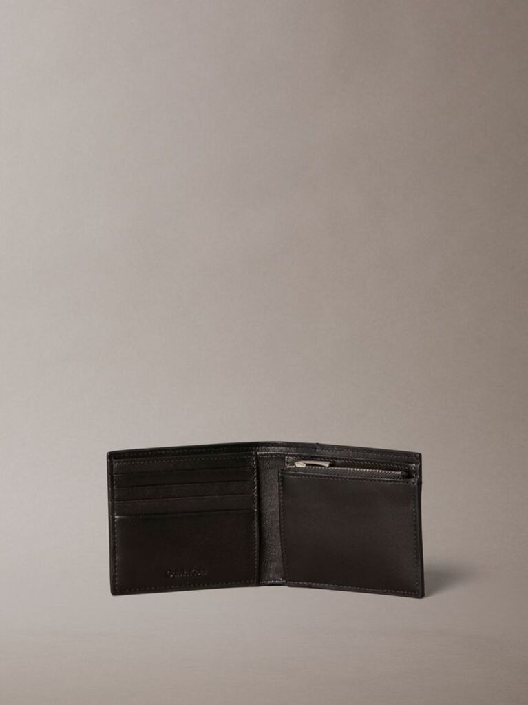 Black Embossed Allover Monogram Bifold Wallet with Coin Pouch  Men