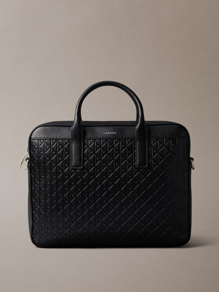 Black Embossed Monogram Logo Laptop Bag  Men