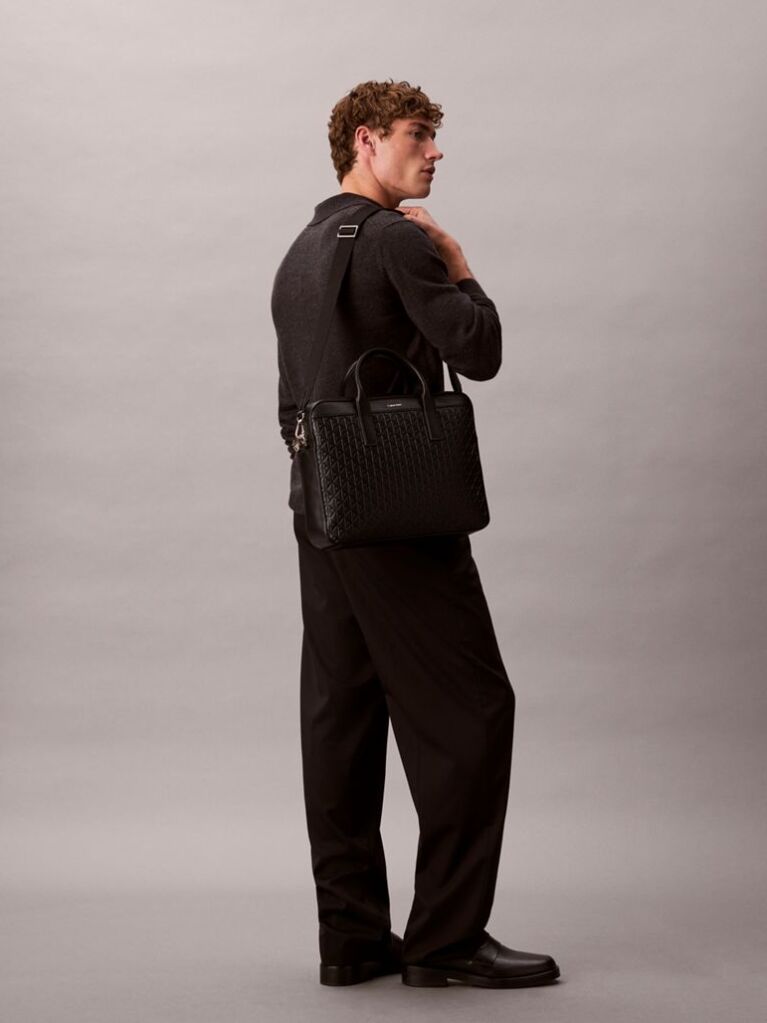 Black Embossed Monogram Logo Laptop Bag  Men