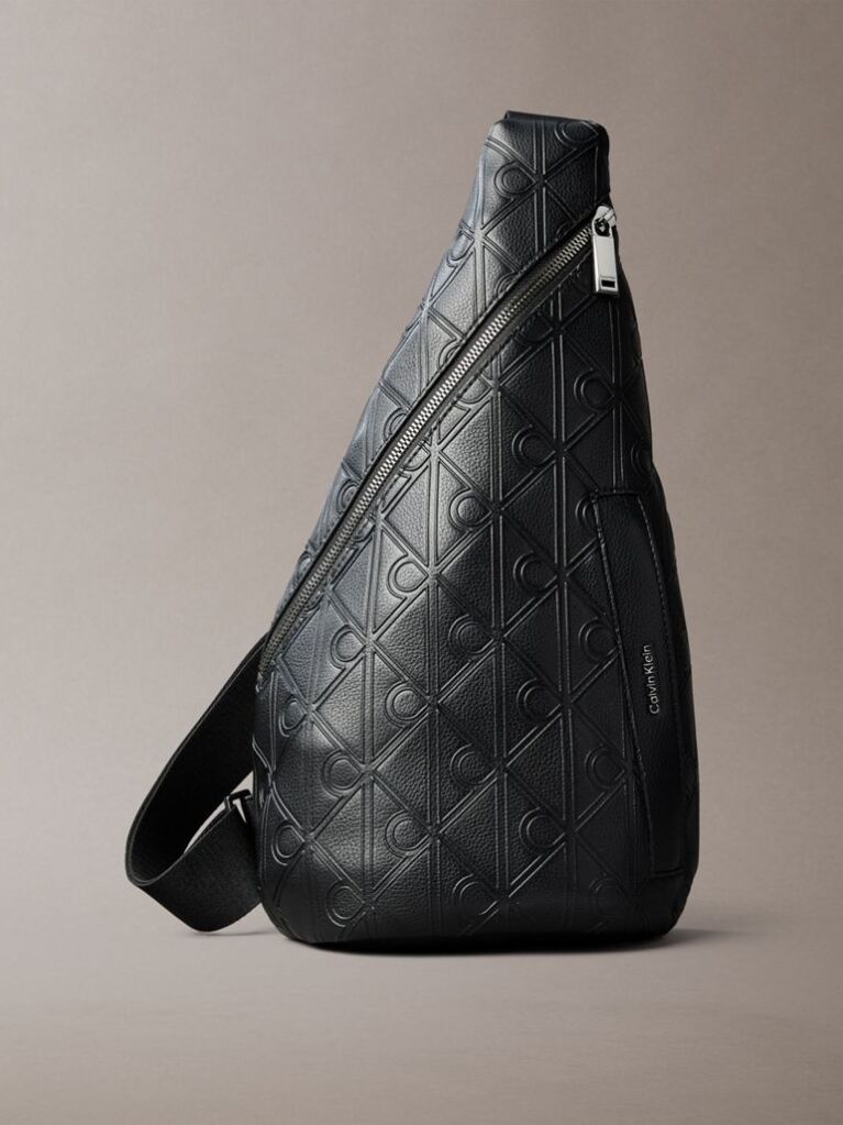 Black Debossed Allover Emblem Logo Sling Bag  Men