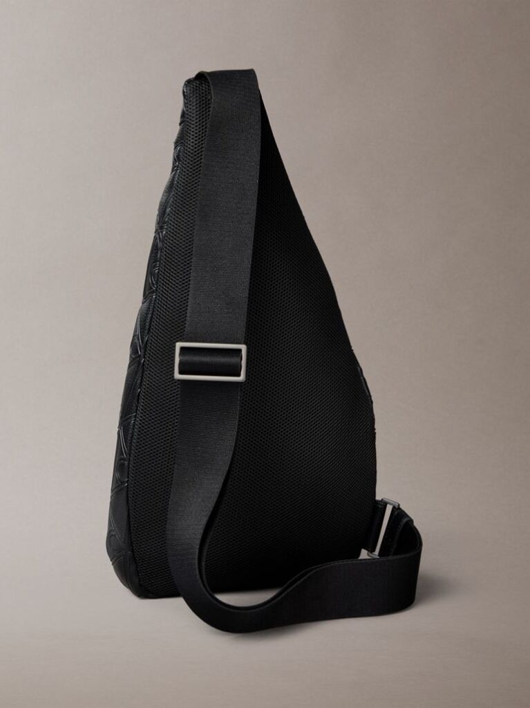 Black Debossed Allover Emblem Logo Sling Bag  Men