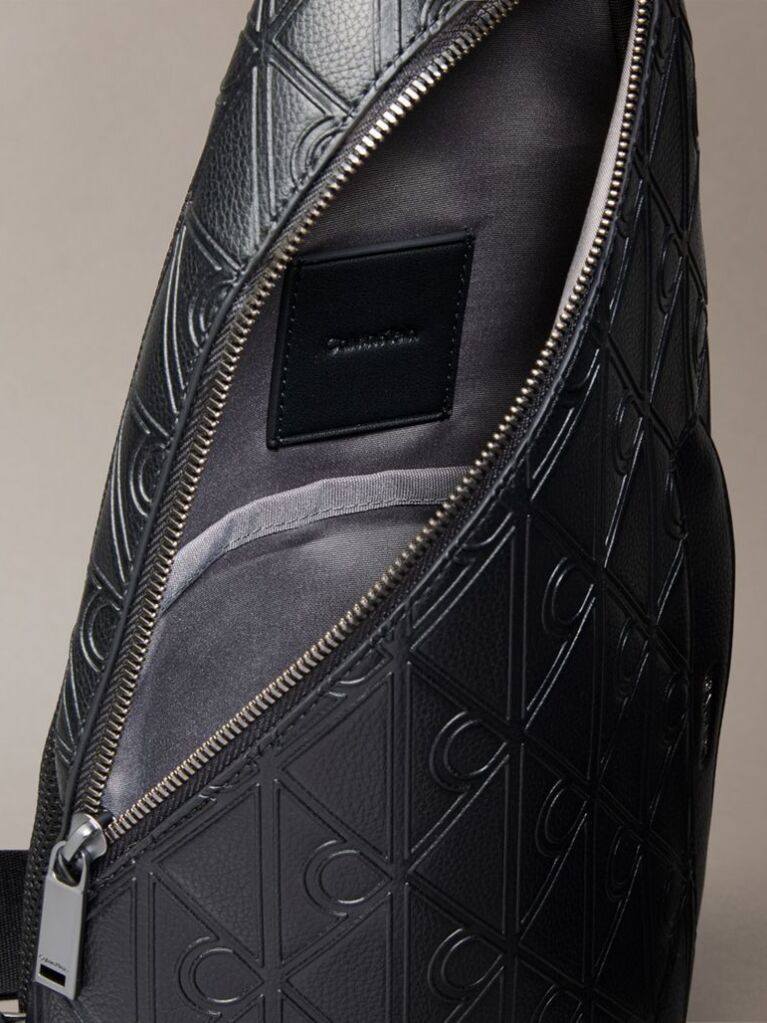 Black Debossed Allover Emblem Logo Sling Bag  Men