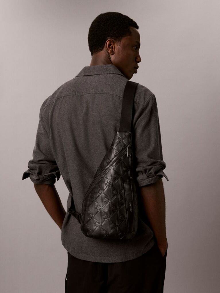 Black Debossed Allover Emblem Logo Sling Bag  Men