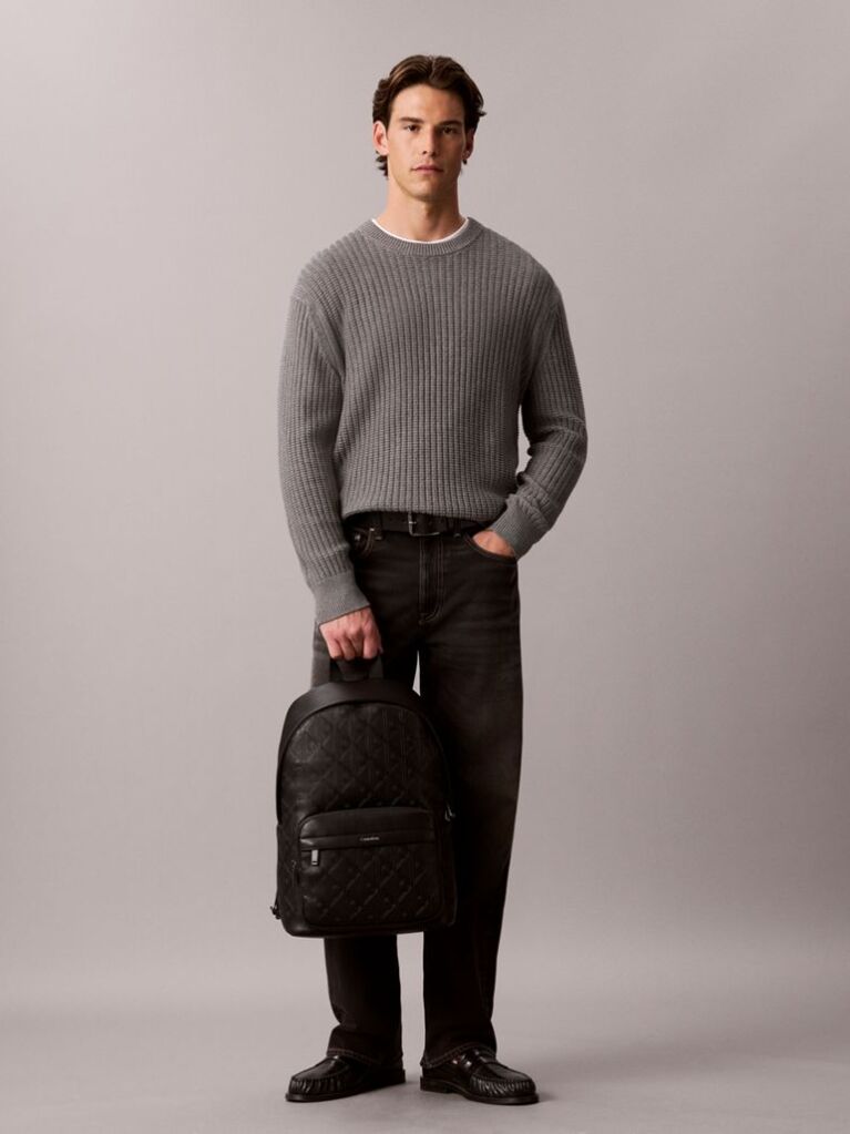 Black Embossed Emblem Logo Trolley Backpack  Men