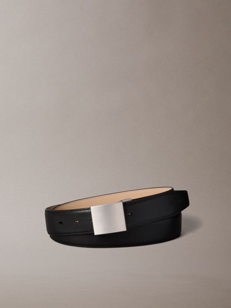 Black Plaque Buckle Pebble Grain Leather Belt  Men