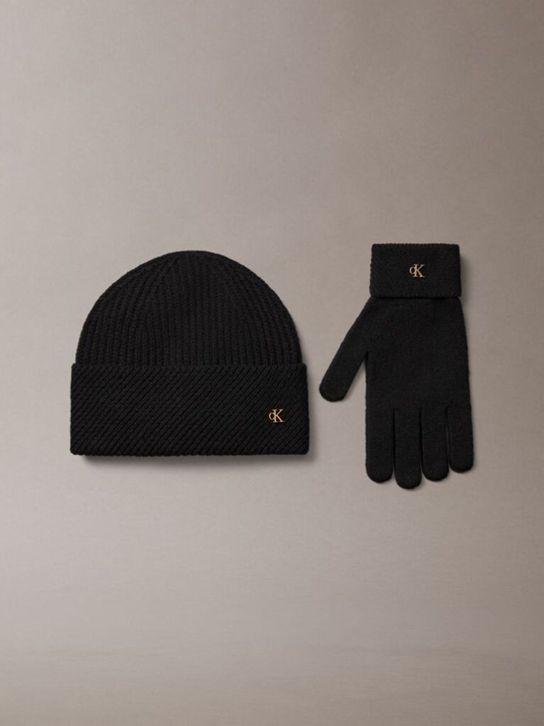Black Wool Blend Beanie and Gloves Gift Set  Women