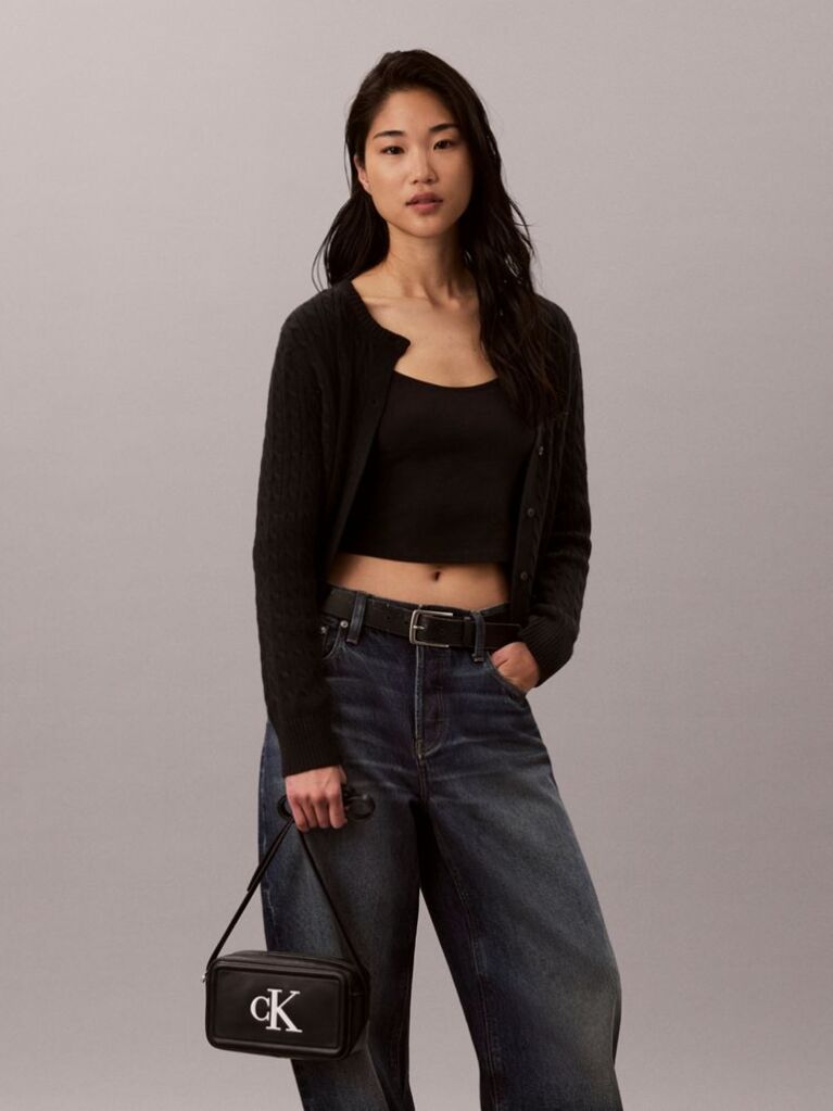 Black Embossed Monogram Logo Camera Bag  Women