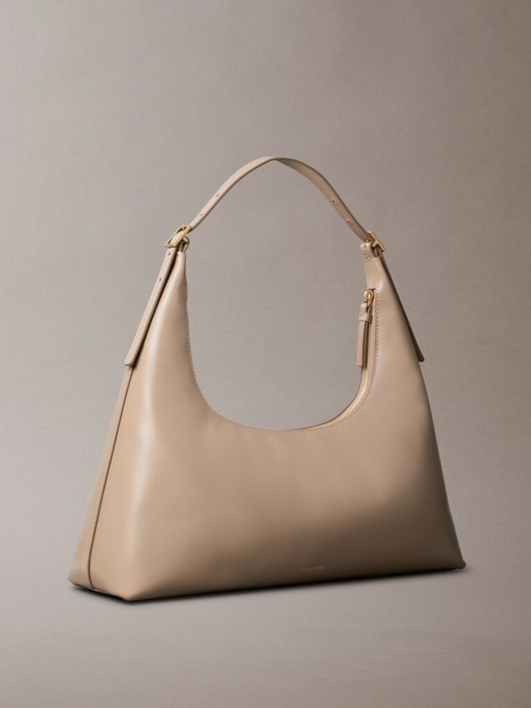 Beige Monogram Logo Emblem Leather Shoulder Bag  Women