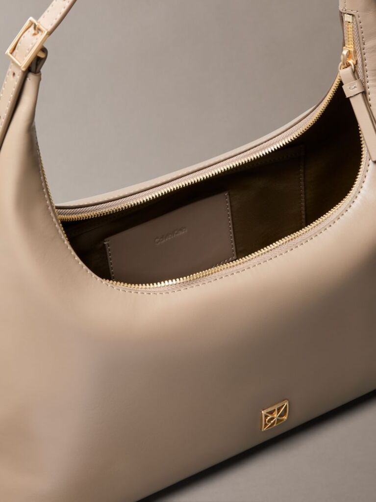 Beige Monogram Logo Emblem Leather Shoulder Bag  Women