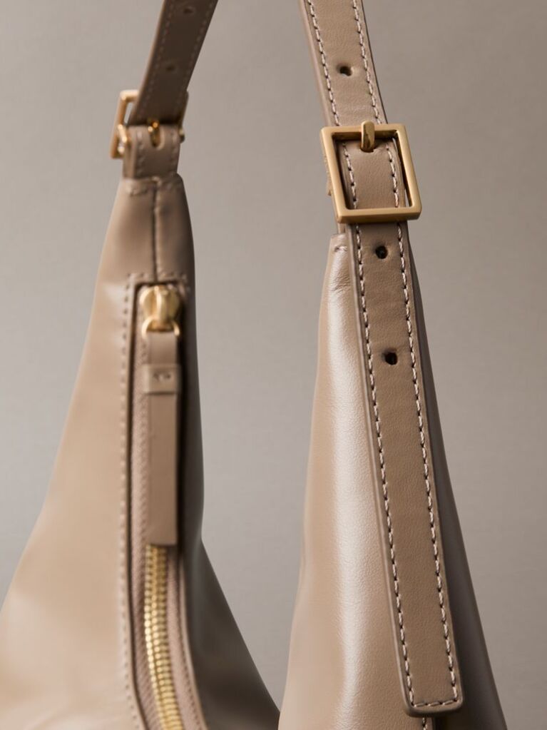 Beige Monogram Logo Emblem Leather Shoulder Bag  Women