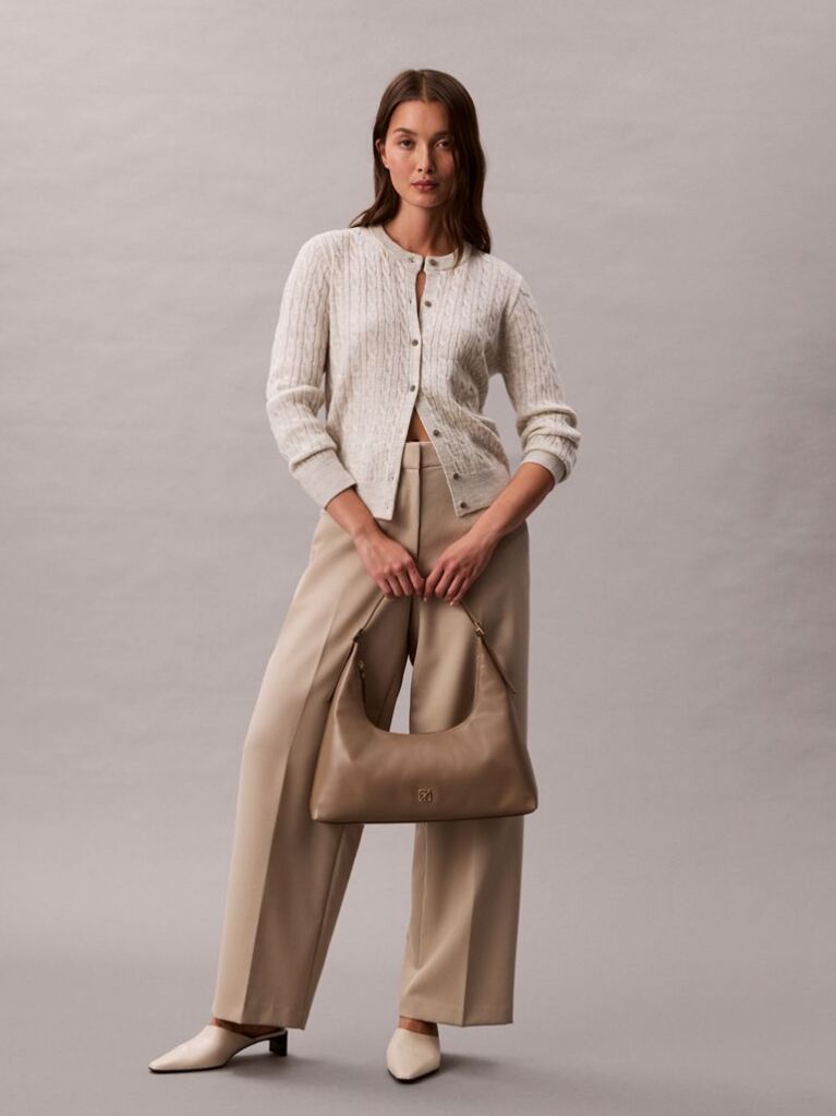 Beige Monogram Logo Emblem Leather Shoulder Bag  Women