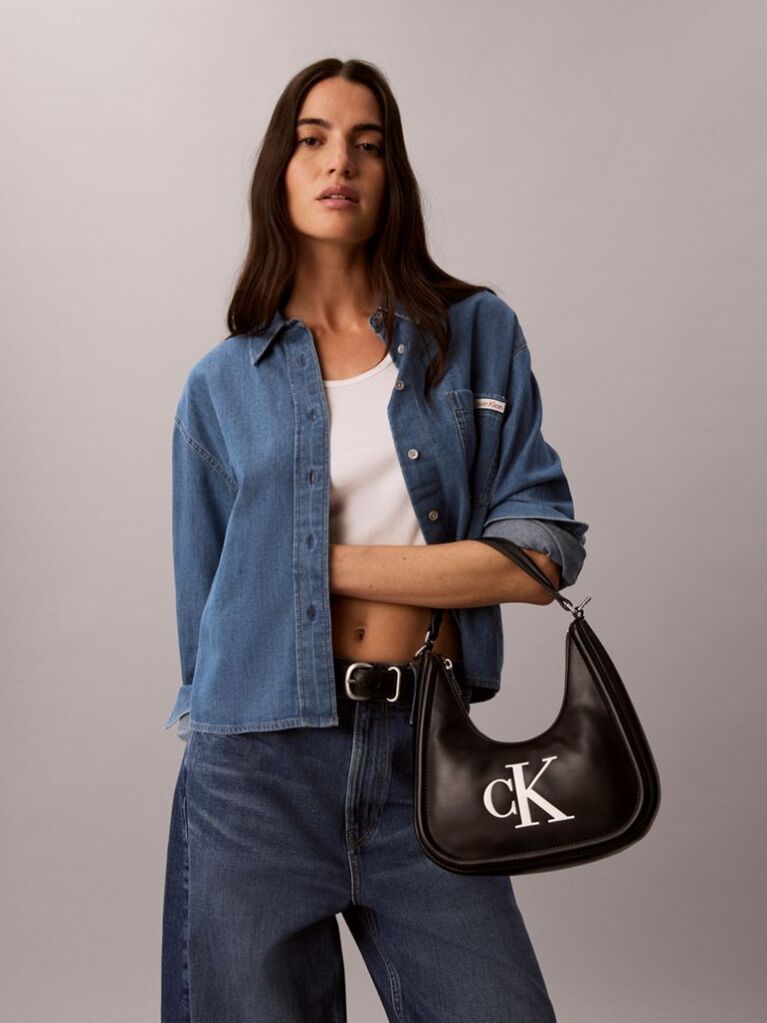 Black Embossed Monogram Crescent Bag  Women