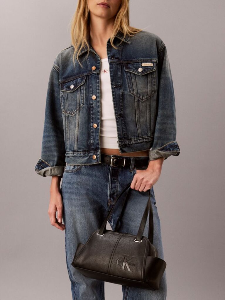 Black Embossed Monologo Shoulder Bag  Women