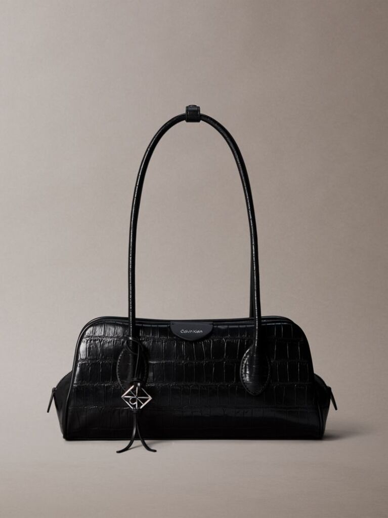 Black Emblem Logo Crocodile Shoulder Bag  Women