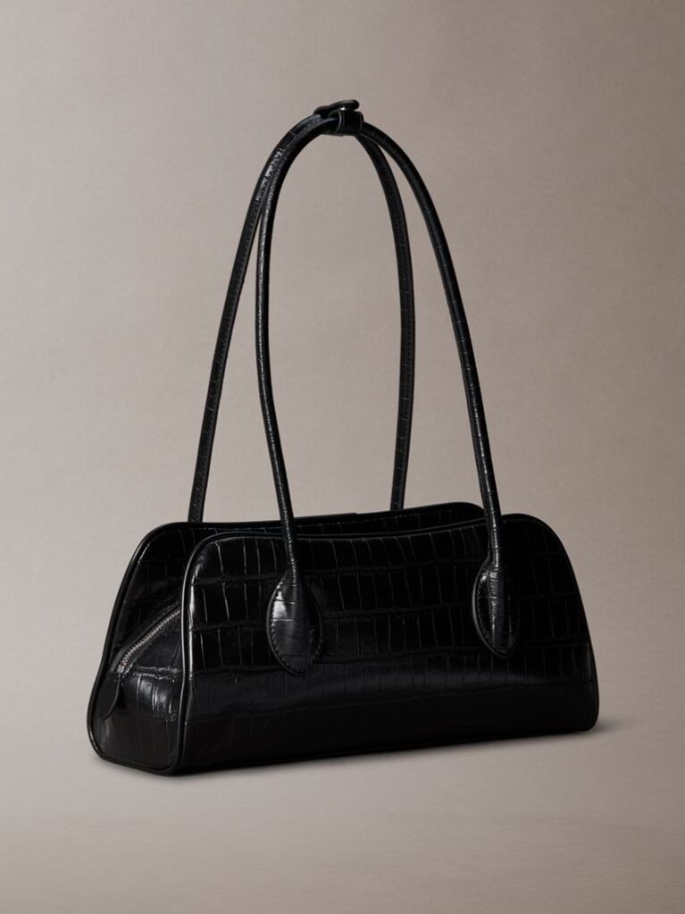 Black Emblem Logo Crocodile Shoulder Bag  Women