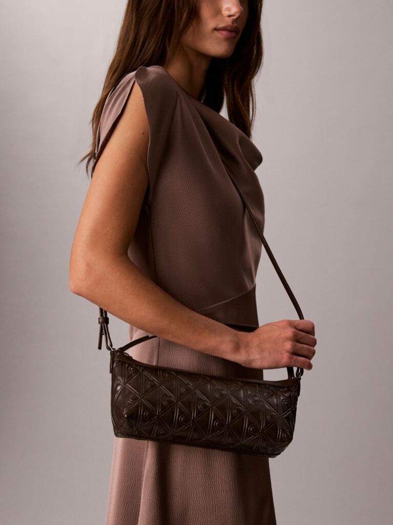 Brown Debossed Allover Emblem Logo Long Shoulder Bag  Women