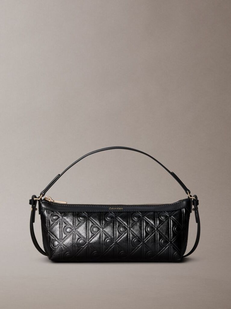 Black Debossed Allover Emblem Logo Long Shoulder Bag  Women
