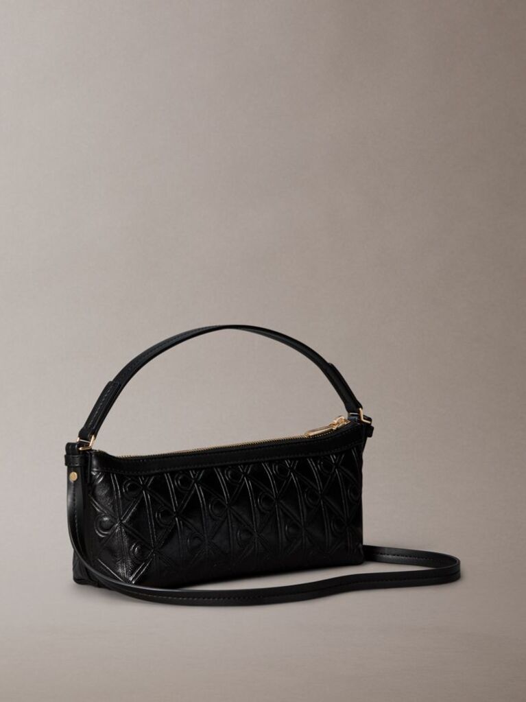 Black Debossed Allover Emblem Logo Long Shoulder Bag  Women