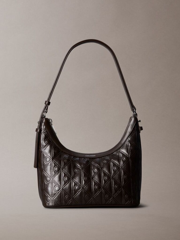 Brown Debossed Allover Emblem Logo Small Shoulder Bag  Women