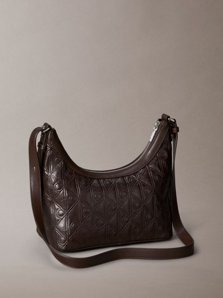 Brown Debossed Allover Emblem Logo Small Shoulder Bag  Women
