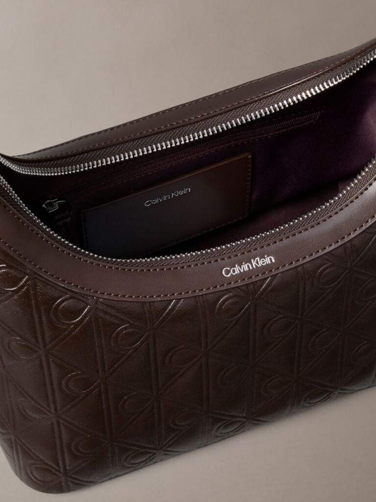 Brown Debossed Allover Emblem Logo Small Shoulder Bag  Women