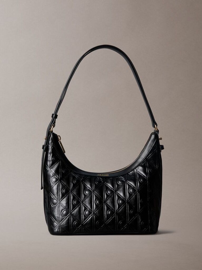 Black Debossed Allover Emblem Logo Small Shoulder Bag  Women